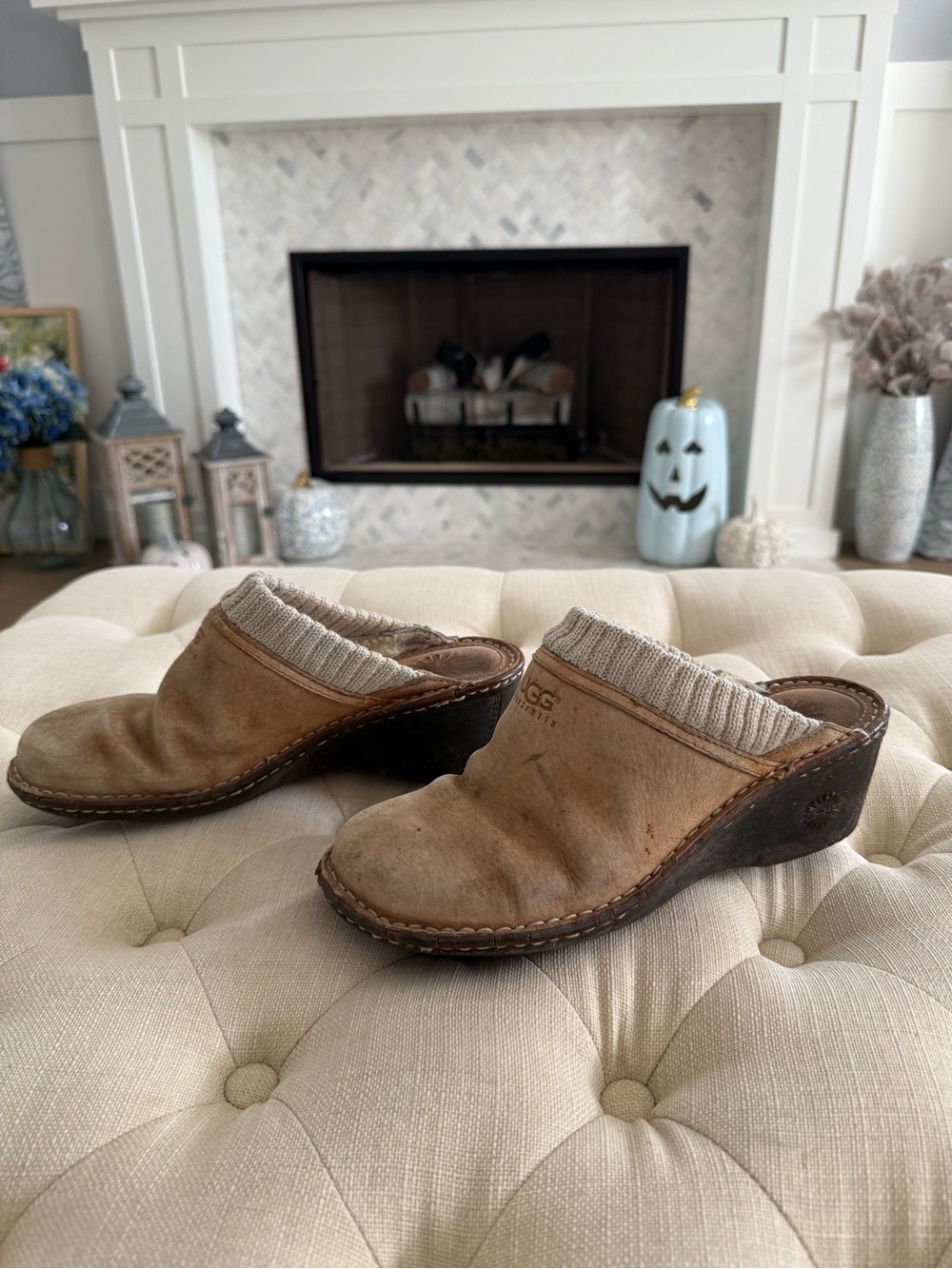 UGG Tan Suede Slip-On Clog Mules with Knit Collar